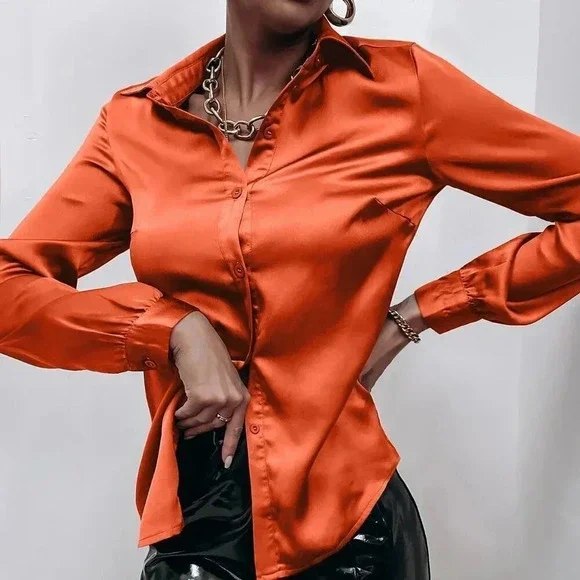 Orange Elegant Women's Satin Button down Shirt - Picture 5 of 6